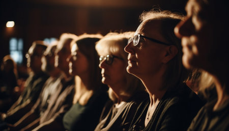 Large group of people enjoying a theatrical performance indoors generated by artificial intelligenceの素材
