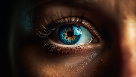 Close up of a Caucasian woman blue eye, staring into nature generated by artificial intelligenceの素材