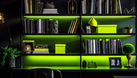 Green illuminated plant decor on bookshelf in modern home interior generated by artificial intelligenceの素材