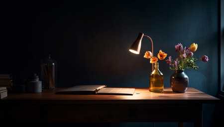Old fashioned library with rustic bookshelf and illuminated lantern decoration generated by artificial intelligenceの素材