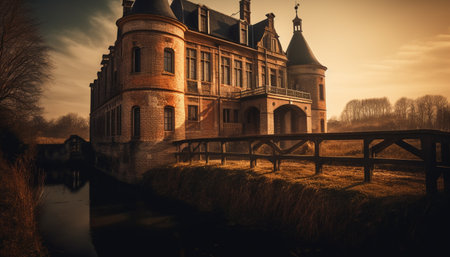 Backlit bridge reflects blue sunset over ancient cityscape, a romantic travel destination generated by artificial intelligenceの素材
