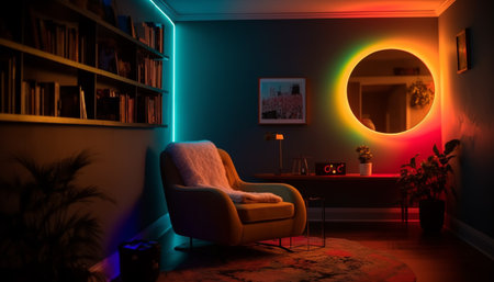 Comfortable armchair illuminated by electric lamp in modern living room generated by artificial intelligenceの素材