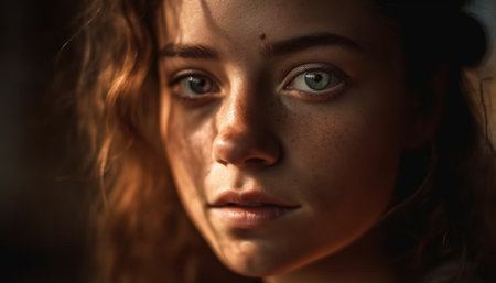 One beautiful young woman looking at camera with confidence and sensuality generated by artificial intelligenceの素材