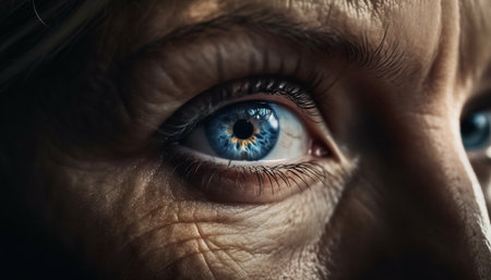 Smiling young adult woman with blue eyes staring at camera generated by artificial intelligenceの素材