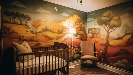 Modern luxury bedroom with comfortable sofa, illuminated by electric lamp generated by artificial intelligenceの素材