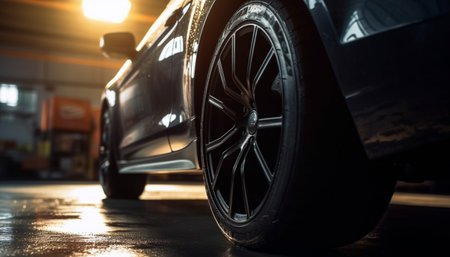 Shiny sports car driving on dark road with illuminated headlights generated by artificial intelligenceの素材