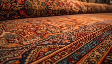 Indigenous cultures' ornate rug shop showcases antique woven tapestries generated by artificial intelligenceの素材