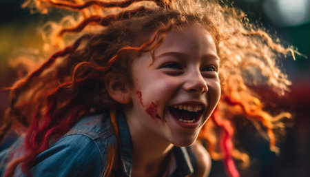 Cute redhead girl enjoying playful Halloween celebration in nature dusk generated by artificial intelligenceの素材