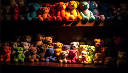 A colorful collection of cute stuffed animals sitting in a row generated by artificial intelligenceの素材