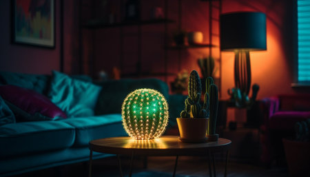 Modern luxury living room with bright illuminated electric lamp shade generated by artificial intelligenceの素材