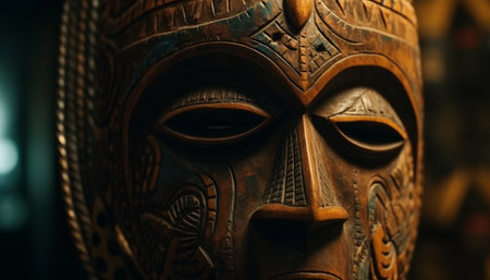 Ancient cultures craft ornate statues of gods in multi colored wood generated by artificial intelligenceの素材