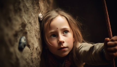 Cute girl playing outdoors, looking cheerful and smiling at camera generated by artificial intelligenceの素材