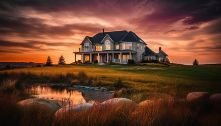 Idyllic cottage nestled in tranquil meadow, surrounded by nature beauty generated by artificial intelligenceの素材