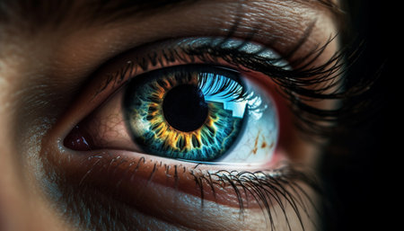 Blue eyed woman staring at camera with close up of iris generated by artificial intelligenceの素材
