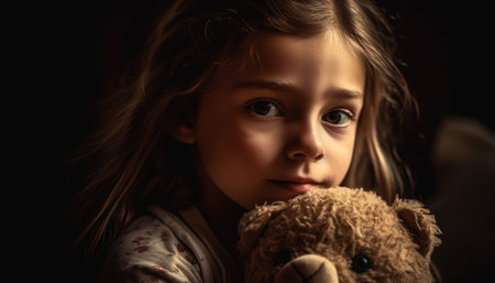 Cute girl holding teddy bear, smiling with innocence and joy generated by artificial intelligenceの素材