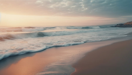 Idyllic coastline at dusk, tranquil seascape reflects golden twilight sky generated by artificial intelligenceの素材