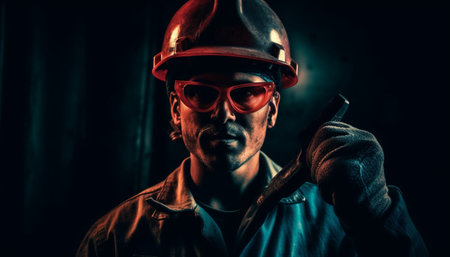 Construction worker in protective gear looks confidently at camera generated by artificial intelligenceの素材