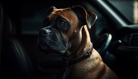 Cute terrier and bulldog sitting in car, looking at camera generated by artificial intelligenceの素材