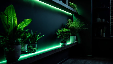 Modern apartment with bright lighting, green plants, and technology generated by artificial intelligenceの素材
