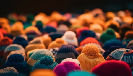 Woven knit hats in vibrant colors decorate the warm crowd generated by artificial intelligenceの素材