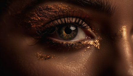 Beautiful young woman blue eye reflects futuristic elegance and glamor generated by artificial intelligenceの素材