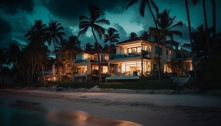 Luxury hotel on Caribbean coast with palm trees and swimming pool generated by artificial intelligenceの素材