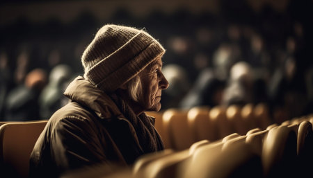 One man sitting, watching performance, illuminated stage, selective focus generated by artificial intelligenceの素材