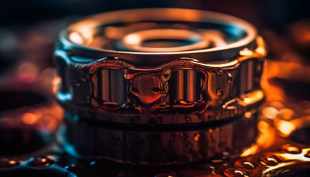 Shiny metallic wheel part of old machinery in manufacturing industry generated by artificial intelligenceの素材