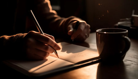 Caucasian woman sitting at desk, holding coffee cup, writing notes generated by artificial intelligenceの素材