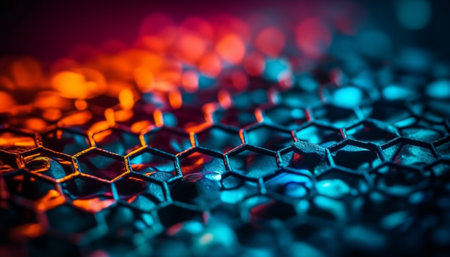 Metallic honeycomb wallpaper reflects vibrant colors in illuminated abstract pattern generated by artificial intelligenceの素材