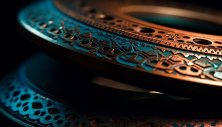 Ornate antique metal wheel with intricate East Asian pattern decoration generated by artificial intelligenceの素材