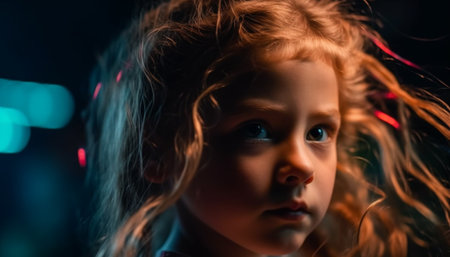 Smiling girl with curly brown hair enjoys playful dusk outdoors generated by artificial intelligenceの素材