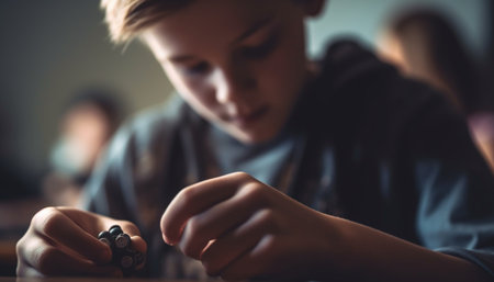 Cheerful girls in a dark classroom having fun playing together generated by artificial intelligenceの素材
