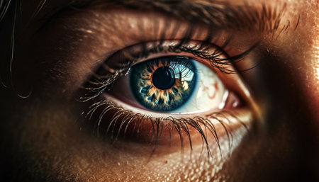 Selective focus on blue eyed woman macro iris in studio shot generated by artificial intelligenceの素材
