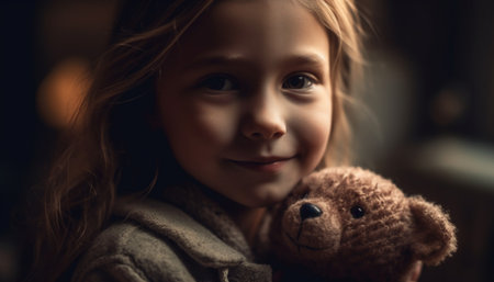 Cheerful girl holding teddy bear, embracing small animal with love generated by artificial intelligenceの素材
