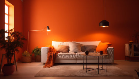 Comfortable armchair, bright lighting, orange bedding, natural plant, modern design generated by artificial intelligenceの素材