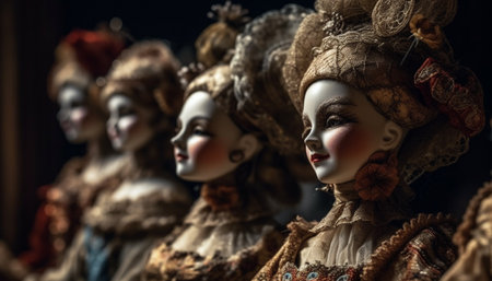 Antique dolls in traditional clothing decorate the majestic store front generated by artificial intelligenceの素材