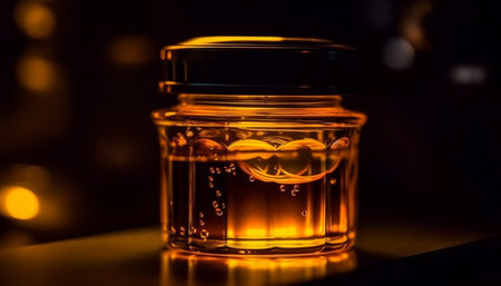 Golden whiskey bottle on dark table, illuminated by back light generated by artificial intelligenceの素材