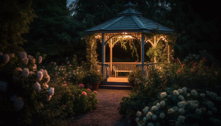 Romantic wedding celebration in a tranquil, illuminated formal garden generated by artificial intelligenceの素材