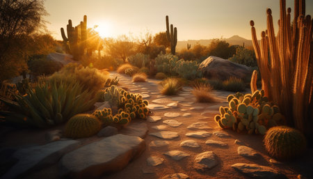 Tranquil scene of arid climate, back lit by sunrise generated by artificial intelligenceの素材