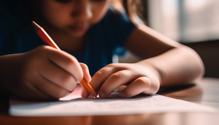 Cute Caucasian girl drawing with pencil, creativity and concentration indoors generated by artificial intelligenceの素材