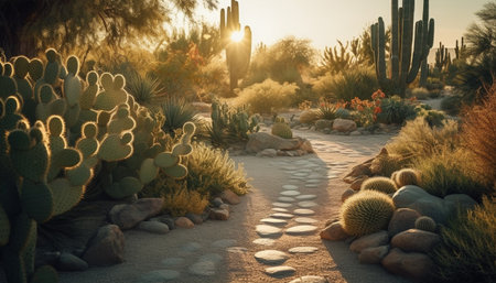 Tranquil scene sunset over arid mountain landscape, succulent plant growth generated by artificial intelligenceの素材