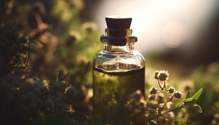 Organic aromatherapy oil bottle with fresh herbal plant for relaxation generated by artificial intelligenceの素材