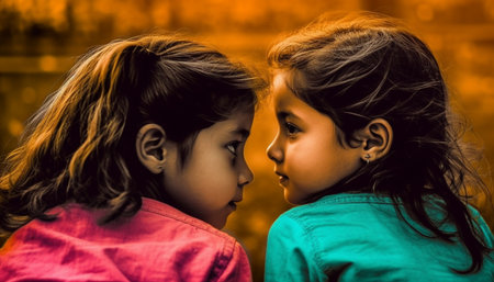 Two cute siblings embracing in nature, enjoying the sunset together generated by artificial intelligenceの素材