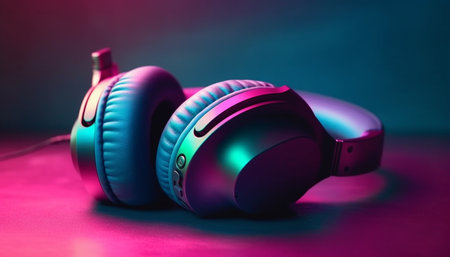 Modern wireless headphones in blue, perfect for recording studio noise generated by artificial intelligenceの素材