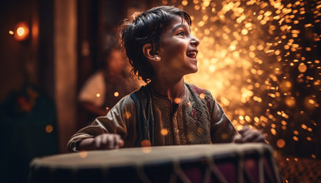 Cute Caucasian boy playing guitar indoors, surrounded by happiness and joy generated by artificial intelligenceの素材