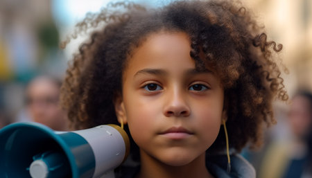 Smiling African girl with curly hair holds megaphone outdoors generated by artificial intelligenceの素材