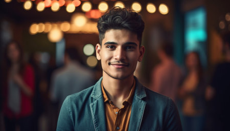 Young adult males smiling, looking at camera with confidence and happiness generated by artificial intelligenceの素材