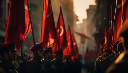 A crowd celebrates military success in a traditional festival parade generated by artificial intelligenceの素材