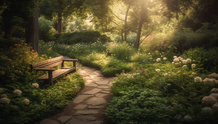 A tranquil scene of a formal garden with a bench generated by artificial intelligenceの素材